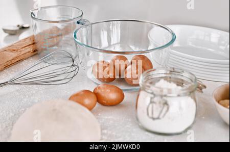 Bake it til you make it. various baking items on a kitchen counter at home. Stock Photo