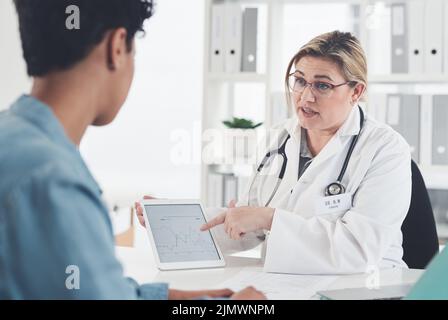 These are the stats we obtained last year... an attractive young female doctor using a digital tablet while having a discussion with a female patient Stock Photo