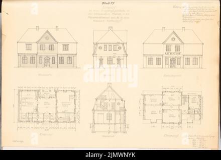 Klatt Ewald (born 1877), railway reception building. Monthly competition October 1916 (10.1916): floor plan ground floor, attic, upright city view, platform view, page view (north side), cross -section; Mass, supplementary text. Pencil on paper, 40.8 x 59.9 cm (including scan edges) Klatt Ewald  (geb. 1877): Eisenbahnempfangsgebäude. Monatskonkurrenz Oktober 1916 Stock Photo