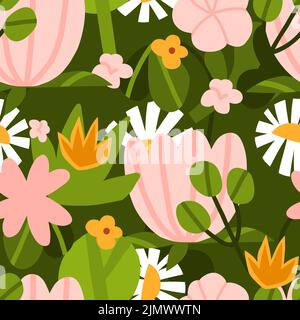 Hand drawn vector abstract graphic clipart illustrations seamless pattern of composition with abstract boho shapes of blossom flower,leaves and Stock Vector