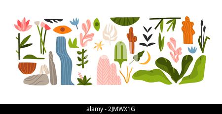 Hand drawn vector abstract graphic clipart illustrations collection set of composition with abstract boho nature shapes of blossom flowers and Stock Vector