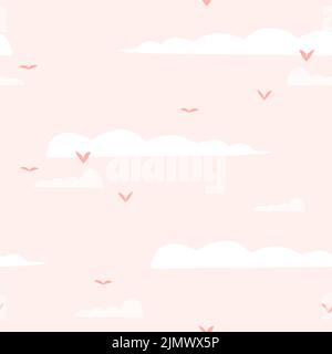 Hand drawn vector abstract graphic clipart illustrations seamless pattern of composition with abstract boho shapes of clouds and pink sky with flying Stock Vector