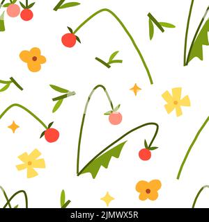 Hand drawn vector abstract graphic clipart illustrations seamless pattern of composition with abstract boho shapes of blossom flower,leaves and Stock Vector