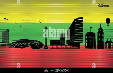 Vilnius city skyline with flag of Lithuania on background - illustration,  Shiny Grunge flag of the Lithuania Stock Vector