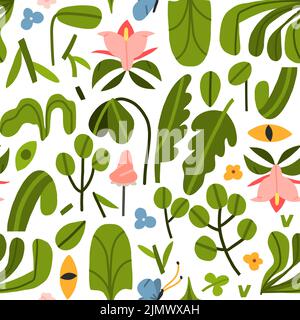 Hand drawn vector abstract graphic clipart illustrations seamless pattern of composition with abstract boho shapes of blossom flower,leaves and Stock Vector