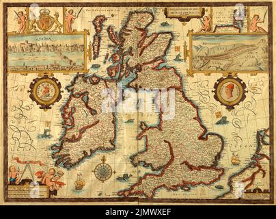 Seventeenth century vintage watercolor map of Great Britain and Ireland by John Speede. Map has insets of London and Edinburgh. Stock Photo