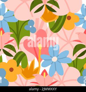 Hand drawn vector abstract graphic clipart illustrations seamless pattern of composition with abstract boho shapes of blossom flower,leaves and Stock Vector