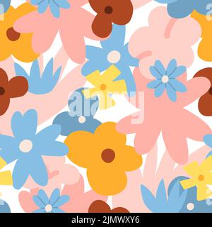Hand drawn vector abstract graphic clipart illustrations seamless pattern of composition with abstract boho shapes of blossom flower,leaves and Stock Vector