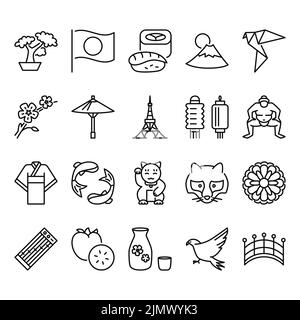 Japan icon set in line style. Japanese traditional symbols. Vector illustration. Stock Vector