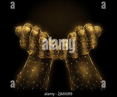 Open hands palms raised up, hand gesture abstract vector illustration on a dark background. Hands holding or giving something. Pray or begging concept Stock Vector