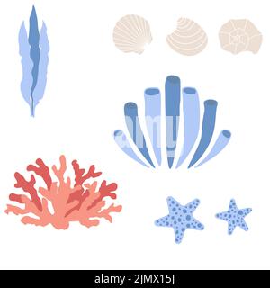 Cute vector ocean set with algae, corals, shells.Underwater cartoon creatures.Marine animals.Cute illustration for fabric, childrens clothing,book Stock Vector