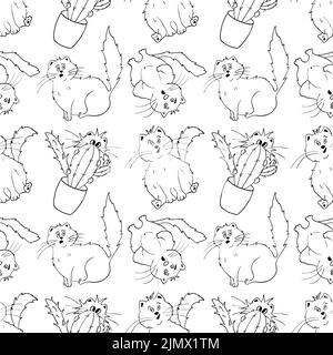 Funny cat pattern. Vector seamless pattern with funny cats. Doodle illustration. A cat hugging a cactus. Clipart Stock Vector