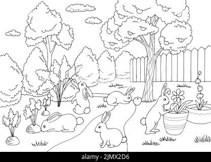 Rabbit in garden graphic black white sketch landscape illustration vector Stock Vector