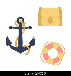 Cute vector ocean set with anchor, treasure chest, lifebuoy.Underwater cartoon creatures.Marine animals.Cute illustration for fabric, childrens Stock Vector