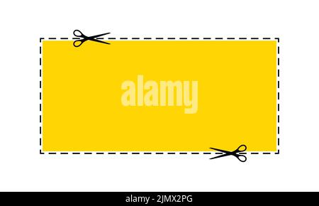Scissors cut yellow rectangle coupon dotted line with dash icon. Stock Vector
