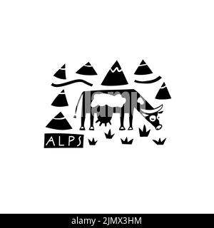 Vector hand drawn symbol of Austria. Travel illustration of Austrian signs. Hand drawn lettering illustration. Alps landmark logo Stock Vector