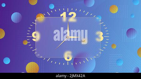 Clock glassmorphism effect. 3d style rectangle timer Gold clock face and hands on violet blue background for mobile app design. Business icon. Modern Stock Vector
