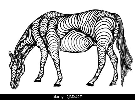 A horse illustration icon in black offset artline. Unique pattern style for logo or background design. Stock Vector