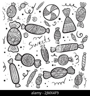 Coloring book page set. Sweets collection. Sketch and color version ...