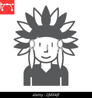 Native American glyph icon, indian man and headdress, Native American vector icon, vector graphics, editable stroke solid sign, eps 10. Stock Vector
