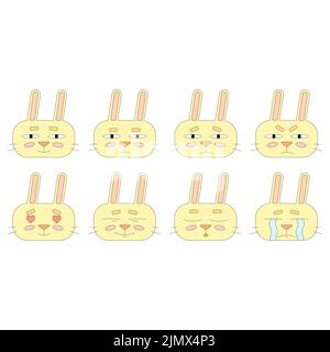 A collection of stickers with rabbit in cartoon style. Emotion Recognition Game. Vector illustration of bunny isolated on white background Stock Vector