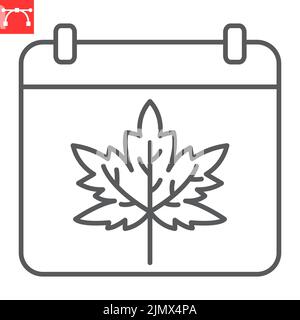 Thanksgiving day calendar line icon, maple leaf and holiday, autumn calendar vector icon, vector graphics, editable stroke outline sign, eps 10. Stock Vector