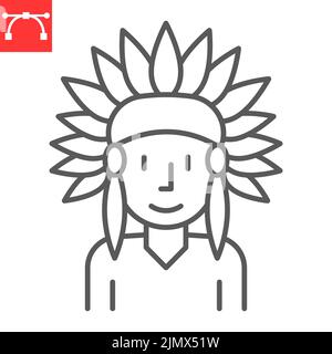 Native American line icon, indian man and headdress, Native American vector icon, vector graphics, editable stroke outline sign, eps 10. Stock Vector