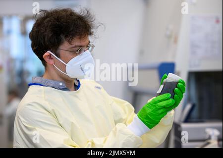 Berlin, Germany. 19th July, 2022. Molecular biologist Emanuel Wyler examines wastewater samples for pathogens in the safety laboratory at the Max Delbrück Center for Molecular Medicine in Mitte. From the amount of bacteria and viruses found, conclusions can be drawn, for example about the frequency of corona infections. Credit: Bernd von Jutrczenka/dpa/Alamy Live News Stock Photo