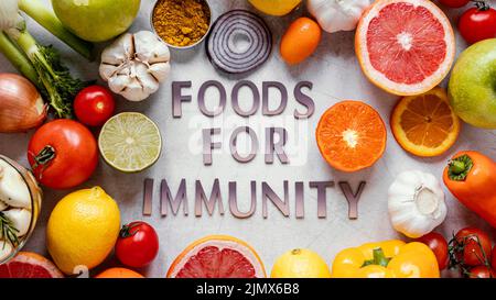 Flat lay healthy food immunity boosting composition Stock Photo