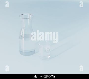 Glass and water carafe on light blue background, 3d rendering Stock Photo