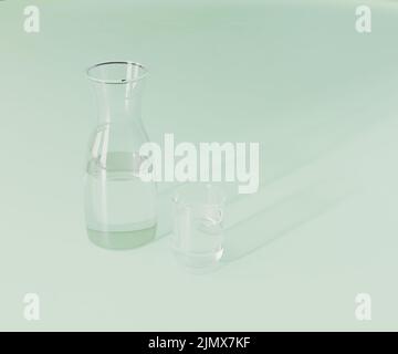 Glass and water carafe on light green background, 3d rendering Stock Photo