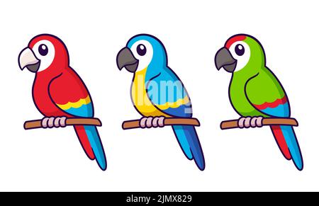 Cute cartoon macaw parrots drawing. Red, blue and green tropical birds. Simple vector clip art illustration set. Stock Vector