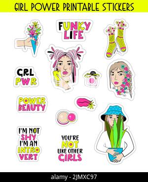 Girl power sticker pack with quotes. Vector stock illustration. Stock Vector