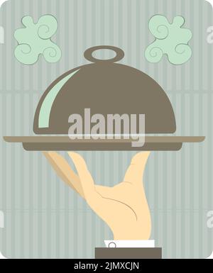 Hand of the waiter holding cloche serving plate. Isolated on white background Stock Vector