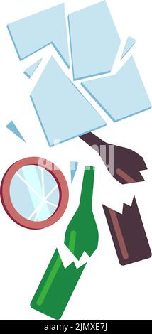 Broken mirror and bottles. Glass waste. recycle trash Stock Vector