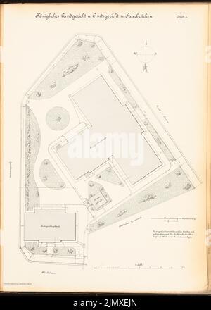 Unknown architect, district court in Saarbrücken (1887-1889): site plan 1: 200. Lithograph colored on paper, 69.7 x 49.8 cm (including scan edges) N.N. : Amtsgericht, Saarbrücken Stock Photo