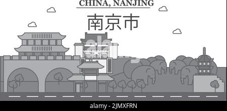 China, Qingdao city skyline isolated vector illustration. China ...