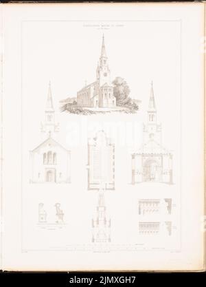Soller August (1805-1853), Evangelical Church in Zingst. (From: designs on churches, parish and school houses, ed. From the royal Prussian superstructure deputation, 1845-1855) (1845-1845): Perspective view, view, floor plan, cross-section, cross-section through the tower, three details. Stitch on paper, 57.5 x 43.5 cm (including scan edges) Soller August  (1805-1853): Evangelische Kirche, Zingst. (Aus: Entwürfe zu Kirchen, Pfarr- und Schulhäusern, hrsg. von der Kgl. Preuß. Oberbaudeputation, 1845-1855) Stock Photo