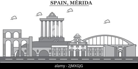 Spain, Merida city skyline isolated vector illustration, icons Stock Vector
