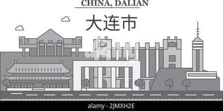 China, Dalian city skyline isolated vector illustration, icons Stock Vector