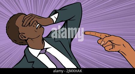 The young man is in great despair. African American. Angry boss woman scolding office worker. Nervous work, stress, problem, quarrel and criticism. Ca Stock Vector