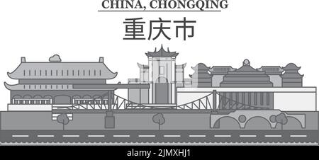 China, Chongqing city skyline isolated vector illustration, icons Stock Vector