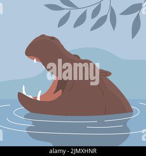 Large adult hippo. Floats in the water. Head with open mouth. Wild and dangerous aquatic animal of Africa. Herbivorous mammal. fauna and zoo. Flat vec Stock Vector