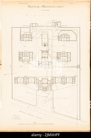 Unknown architect, psychiatric and nerve clinic of the Martin Luther University Halle/Saale (approx. 1892/1893): site plan 1: 250. Lithograph on paper, 96.9 x 67.2 cm (including scan edges) Stock Photo