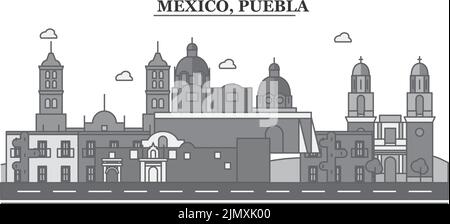 Mexico, Puebla city skyline isolated vector illustration, icons Stock Vector
