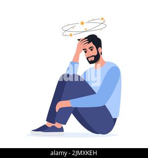 Sad man having dizzy symptoms. Sick person sitting on ground with dizzy head, suffering from pain. Stress, dizziness, accident, health problems. Vecto Stock Vector