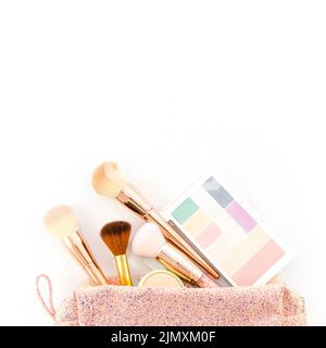 Top view make up brushes toilet bag Stock Photo