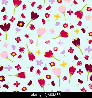 Seamless cartoon abstract flowers pattern. Color floret on blue background. Hand-drawn plants, petals. Stylized peonies, roses, tulips ,chamomile. Sum Stock Vector
