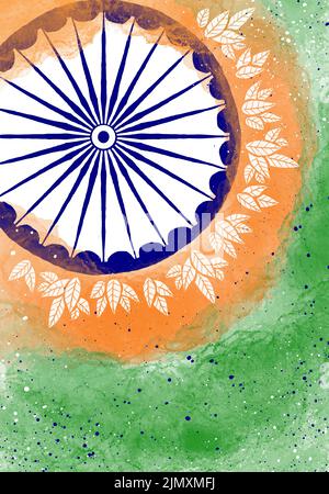 Happy Independence Day Hand Drawn Abstract Design Poster Vector Illustration. Indian National Holiday 15 August Banner. Ashoka Chakra wheel, Grunge Te Stock Photo