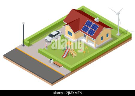 Isometric Modern House with Solar Panels and Wind Turbines. Green Eco House. Energy Effective House Stock Vector